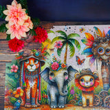 Close-up of whimsical animals in tropical attire puzzle scene by Delfy