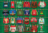 Collectible sweater-shaped tin and pieces of the Ugly Christmas Sweaters jigsaw puzzle