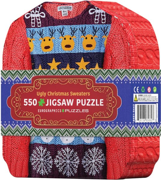 EuroGraphics Ugly Christmas Sweaters 550-piece jigsaw puzzle pieces in sweater-shaped tin