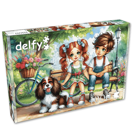 jigsaw picture puzzle of kids, a dog, and a flower-filled bicycle in a 1000 piece jigsaw puzzle by delfy puzzles