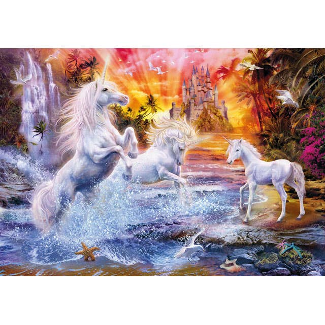 Wild Unicorn 1500 piece puzzle featuring majestic unicorns and a fantasy castle by Clementoni