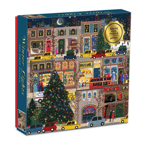 Winter Lights Foil 500-piece jigsaw puzzle featuring a festive cityscape with holiday lights