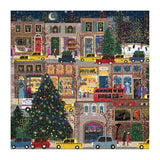 Completed Winter Lights Foil puzzle depicting a colorful holiday scene in the city