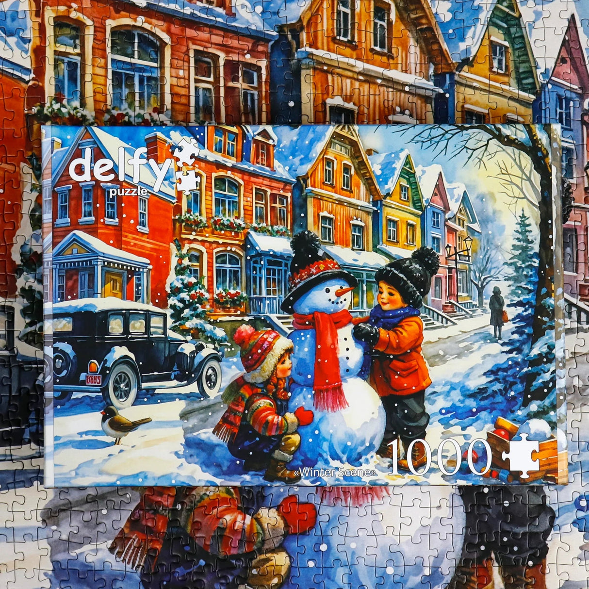 Finished Winter Scene 1000-piece puzzle and puzzle box from Delfy