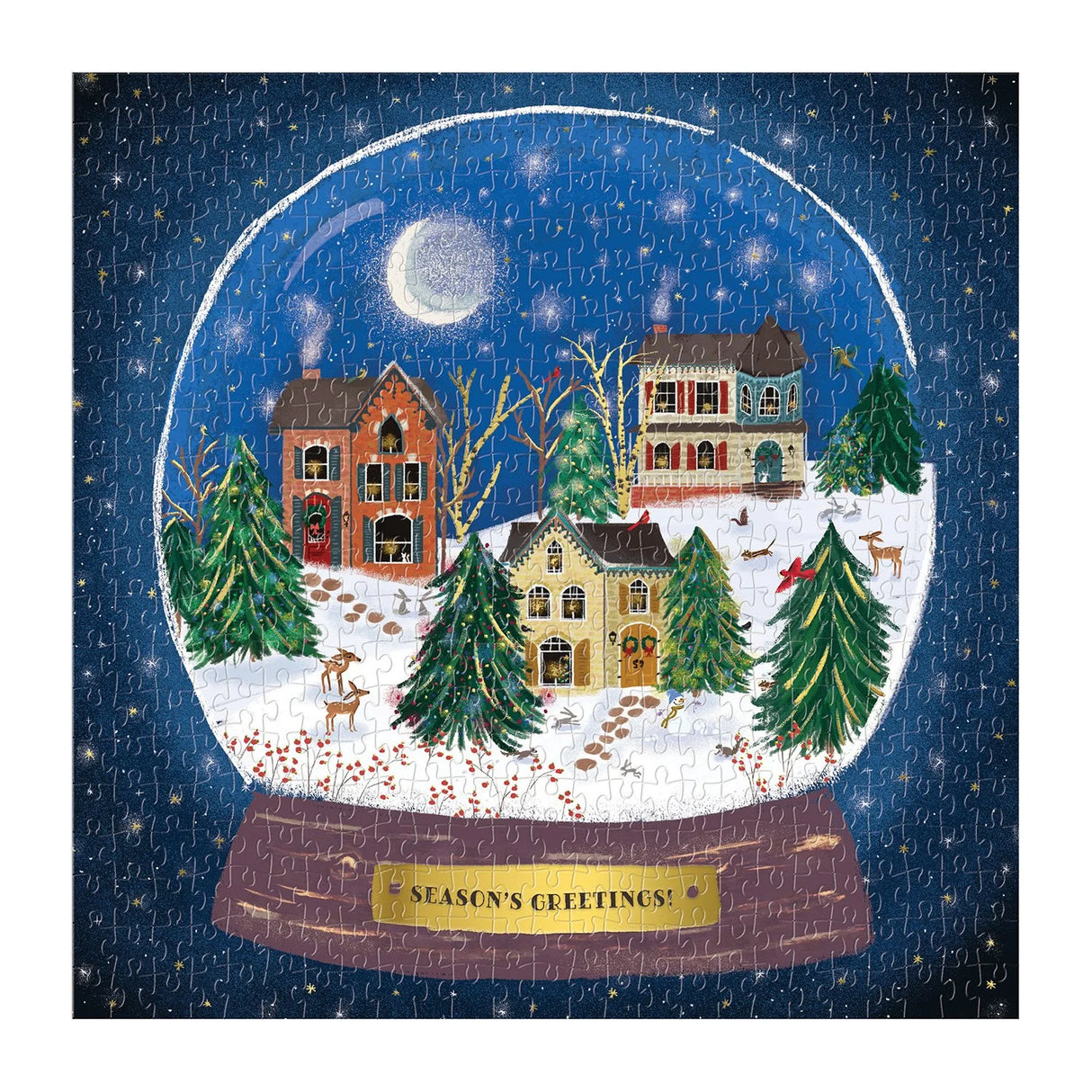 Completed Winter Snow Globe puzzle showing a snowy village and forest animals