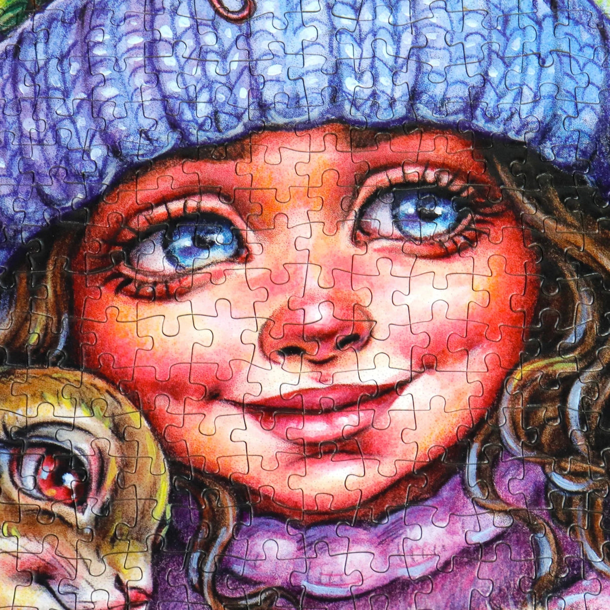 Close-up of cozy girls face with big bright eyeswith girl in Winter Warmth puzzle by JaCaRou