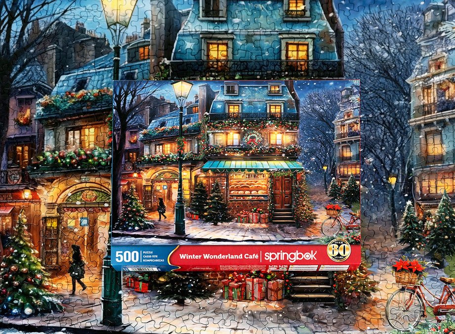 Box and Completed Puzzle for Springbok 500-piece jigsaw puzzle of a charming European street corner with festive Christmas decor