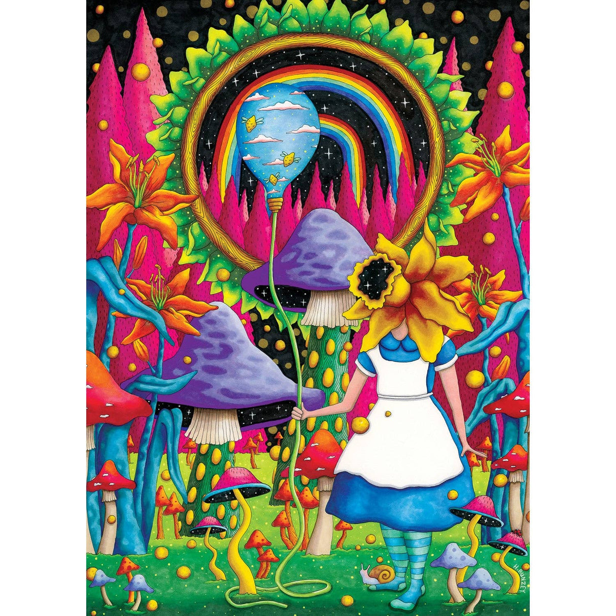 Completed Go Ask Alice puzzle showcasing the vibrant, twisted Wonderland dreamscape by Masterpieces