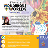 Back of the Box of the Go Ask Alice puzzle by Masterpieces, featuring colorful and psychedelic Alice in Wonderland artwork