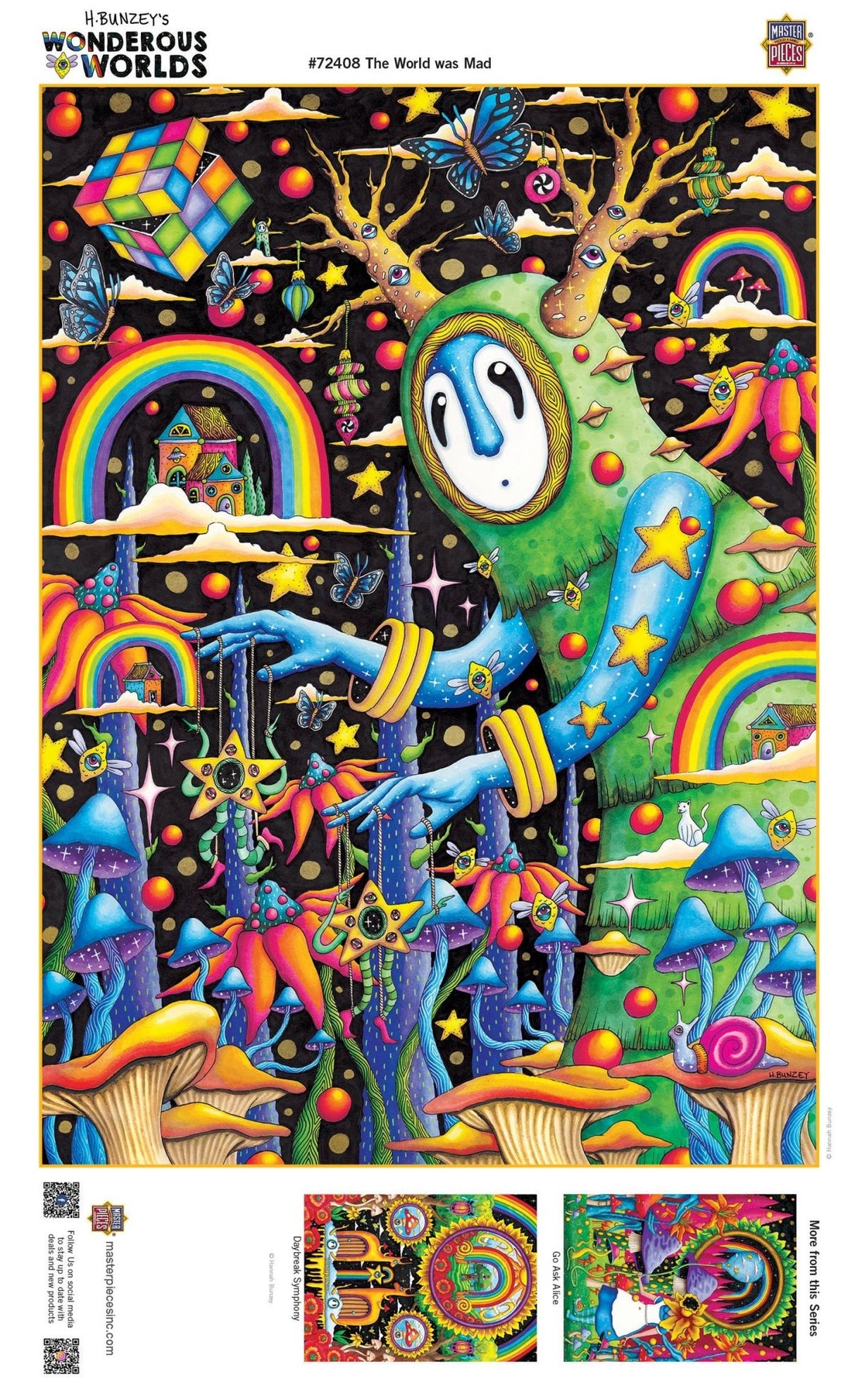 Image of the finished The World Was Mad puzzle displayed, showing the full fantastical scene with stars, rainbows, and the tree monster by Masterpieces